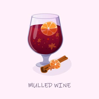 mulled wine in a glass with cinnamon orange and anise. Vector illustration