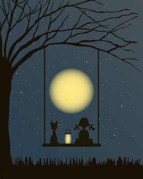 Night landscape, silhouettes of a girl with a lantern and a cat on a hanging swing, sky and moon. Children's illustration, poster, banner