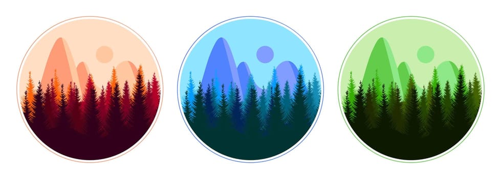 Set of landscapes Seasons. Round landscape icons, winter, summer and autumn. Illusation of mountains, forest and sun. Clip art