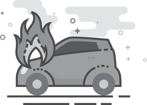 Car on fire icon in flat outlined grayscale style. Vector illustration.