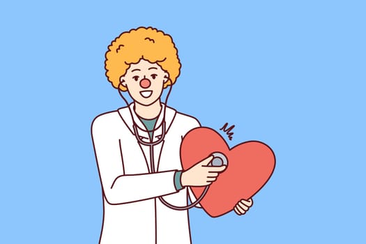 Doctor with clown haircut holds stethoscope and big heart in hand to congratulate children on red nose day. Funny doctor pediatrician calls to draw on cardiovascular diseases and undergo diagnostics