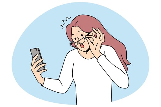 Shocked young woman take off glasses look at cellphone screen shocked by unexpected news online. Amazed girl surprised with message or text on smartphone. Flat vector illustration.