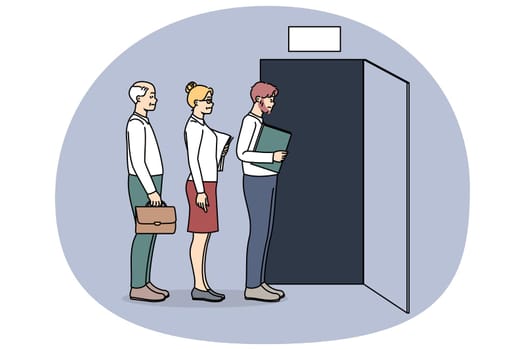 People standing in queue to exit made leaving jobs in office. Diverse employees in line to doors quitting workplace. Resignation and dismissal, workers firing. Vector illustration.