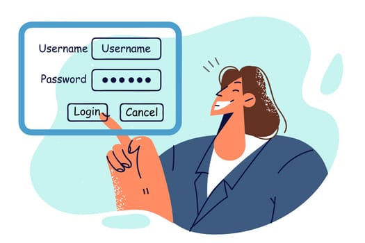 Business woman enters username and password into form on virtual screen to gain access to personal account. Concept authorization and authentication for access to cyberspace and digital security