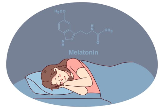 Calm woman sleeping in bed having melatonin hormone produced. Happy girl asleep at home, enjoying peaceful nap or dream. Healthy sleeping and science. Vector illustration.