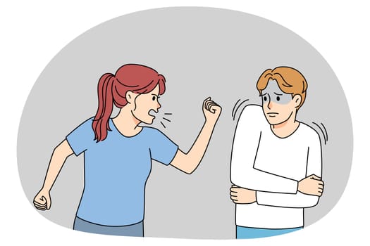 Aggressive woman scold lecture stressed man. Husband and wife fight and quarrel. Abusive female bullying male lover. Domestic violence concept. Vector illustration.