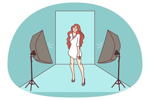 Woman model shooting with lights in studio for advertising. Smiling female have photoshoot posing for fashion campaign. Flat vector illustration.