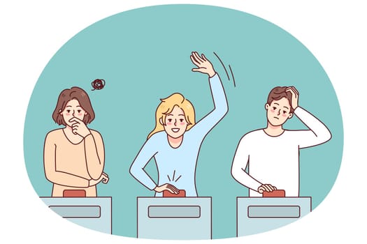 Diverse people participate in quiz show answering questions. Men and women take part in gambling game on TV. Flat vector illustration.