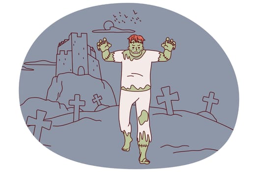 Scary dead walking through cemetery. Frankenstein going scaring terrifying city. Flat vector illustration.