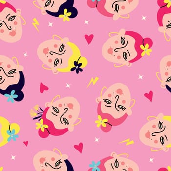 Bright pattern with funny girly faces, hearts and stars on a pink background