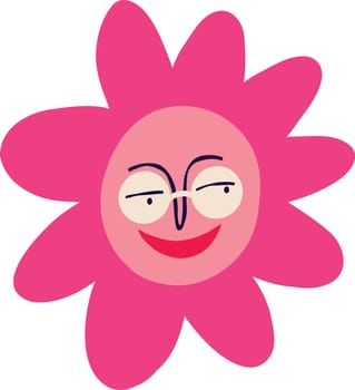 Pink funny funny flower with a cute face and glasses, Illustration in modern trendy style