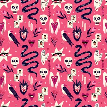 Pink Vibrant Halloween strange pattern with magical mystical esoteric magical Gothic symbols