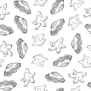 Seamless Pattern with Black Seashell and Sea Star on White Background. Repeat Pattern Design for Print, Wallpaper, Wrapping Paper, Cover, Textile.