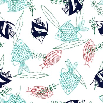 Seamless Pattern with Blue, Red and Green Fish on White Background. Repeat Pattern Design for Print, Wallpaper, Wrapping Paper, Cover, Textile.