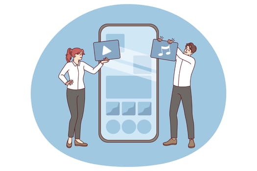People working with widget on cellphone helping with application installation. Smartphone app and programs operation. Flat vector illustration.