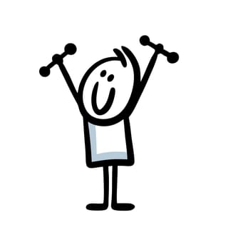 Doodle stickman character does morning exercises with dumbbells and smiles. Vector illustration of happy healthy young sportsman in good mood.
