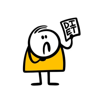 Sad fat character holds a diet manual in his hand. Vector illustration of disgruntled woman.