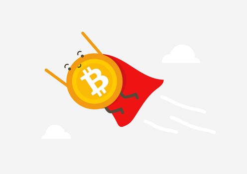 Bitcoin superhero flies through the clouds. Cryptocurrency cartoon concept.