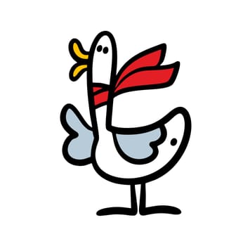 Funny goose farm bird with a big yellow beak and red scarf. Vector illustration of domestic animal pet in simple hand drawn cartoon style.