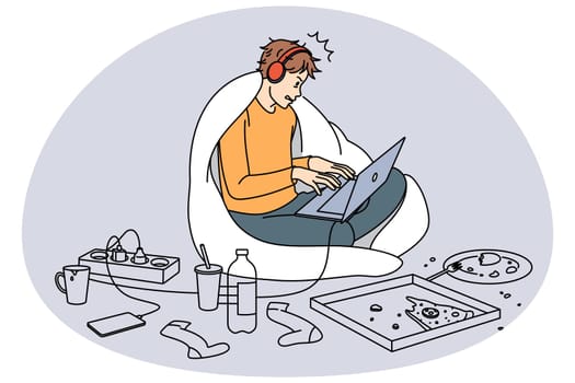 Guy gamer playing online on laptop surrounded by food at home. Desperate man using computer feel addicted to social media and gaming. Addiction to gadgets. Vector illustration.