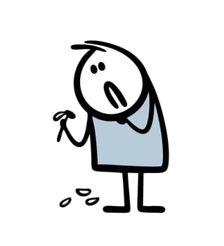 Cartoon unlucky in love stickman was guessing on chamomile, tearing off the petals and is dissatisfied with the result. Vector illustration of the game likes, dislikes.