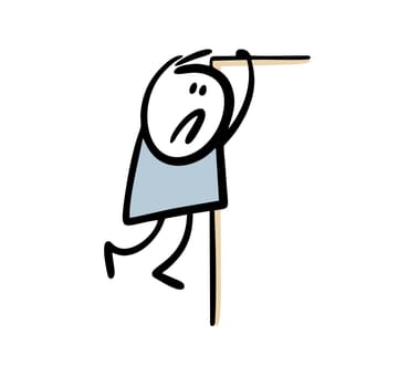 Doodle unfortunate stickman clutched the edge with his hands, holds on and hangs over the abyss, afraid to fall down. Vector illustration of a character with a problem in need of help.