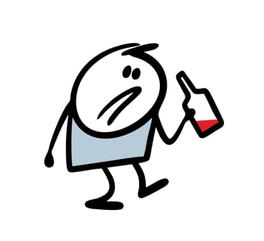Drunk man is not standing on his feet holding an empty red wine bottle in his hands. Vector illustration of an alcoholic. Cartoon image isolated on white background.