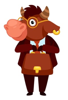 Bull character wearing glasses and formal clothes carrying briefcase. Animal symbol of 2021 working, employee or employer. Modest mammal in official outfit, sticker or mascot vector in flat style
