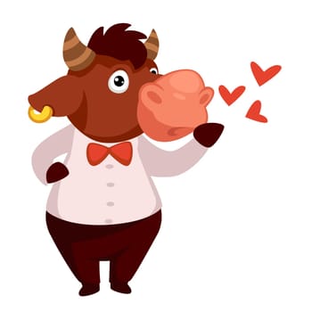 Romantic bull sending kisses, wearing formal clothes. Funny animal character with hearts. Symbol of 2021, zodiac sign or taurus. Cute mammal sticker or mascot. Vector in flat style illustration