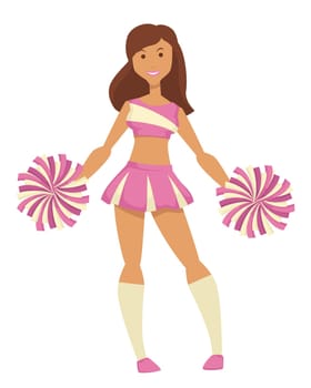 Cheerleader girl with pompoms in uniform with gaiters isolated female character vector cheering up sport team dancing and showing tricks support, football or basketball team match and sporting