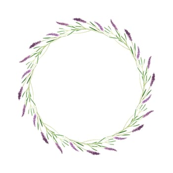 Wreath round of lavender flowers, hand-drawn in watercolor, lavender sprigs, isolated, white background. Vector illustration