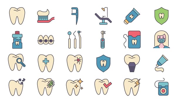 Dental related vector icons set. Included icons dental chair, tooth paste, dental tools, dental floss, caries, toothbrush, toothpaste, toothache, implant. Isolated on white background