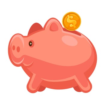 Investment or deposit interests, isolated icon of piggy with golden dollar coin. Saving money financial assets, economy and finances. Earning and paying using cash, us currency vector in flat