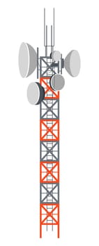 Cellular station for internet, mobile and radio, television signals. Isolated tower receiving waves, telecommunication and broadcasting, telecom. Radar for transmission, vector in flat style
