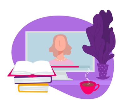Modern technologies used in distance education process, online courses and knowledge obtaining. Computer with tutor, books and publications, cup of coffee and flower on table, vector in flat style