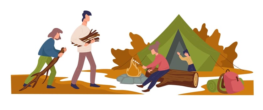 People spending time camping, family on autumn vacations. Mom and dad bringing twigs and logs to keep bonfire flame. Character cooking marshmallow, kid in tent waving hand. Vector in flat style
