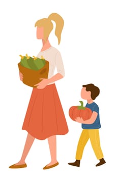 Mom and child carrying basket filled with cucumbers bought at farm market. Little boy with pumpkin in hands. Shopping family, mother and son eating healthy food, dieting nutrition vector in flat