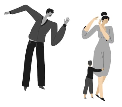 Angry aggressive man, husband shouting at woman and kid, isolated mom, dad and son. Kid hugging mother, scared for mum. Unhappy marriage, conflicts and problems of family, vector in flat style