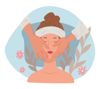 Facial massage and skincare in beauty salon or spa center. Relaxation and rejuvenation of skin, procedures for females. Cosmetologist using organic cosmetics, eco cosmetology vector in flat style
