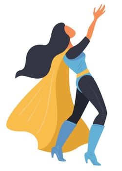 Woman wearing costume of super hero on holiday. Isolated female character in cape and boots, imagination or action game outfit. Powerful lady, courageous girl teenager gesturing, vector in flat style