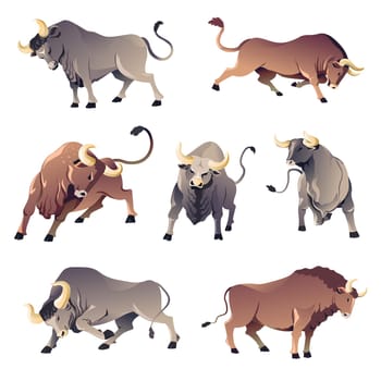 Aggressive wild animals front, back view and profile. Isolated corrida bulls, angry ox or buffalo. Dangerous wildlife, mascot of power and aggression. Character or livestock, vector in flat style
