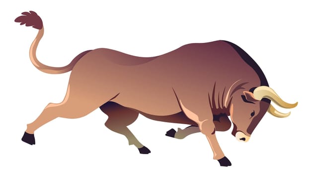 Aggressive running bull with strong horns, isolated furious buffalo. Dangerous wild or domestic animal in zoo or farm. Bullfighting extreme hobby, corrida. Biodiversity, vector in flat style