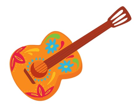 Acoustic guitar decorated with flora and painted ornaments, isolated mexican string instrument for playing music. Musical concert, mariachi culture and traditions. Cinco de mayo, vector in flat
