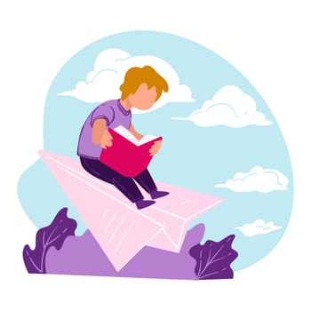 Boy reading book flying on paper plane, pupil male character developing imagination. Dreamy bookworm with fantasy story, literature hobby or leisure, pastime of children. Vector in flat style
