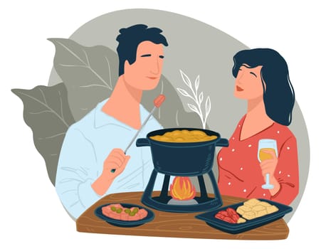 Boyfriend and girlfriend cooking and eating chinese hot pot in restaurant. Man and woman talking and eating delicious meal. Lady drinking wine or champagne with husband. Vector in flat style