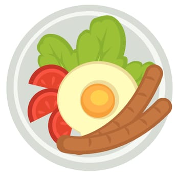 Traditional english breakfast consisting of fried egg and boiled sausages. Meat and vegetables, tomatoes slices and salad leaves in plate. Lunch or dinner in restaurant. Vector in flat style