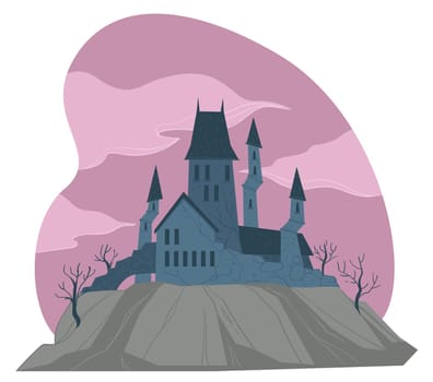 Ancient architecture, gloomy medieval gothic castle with towers and not welcoming nature. Haunted house with ghosts. Fairy tales or mysterious dwelling, nightmares and shadows. Vector in flat style
