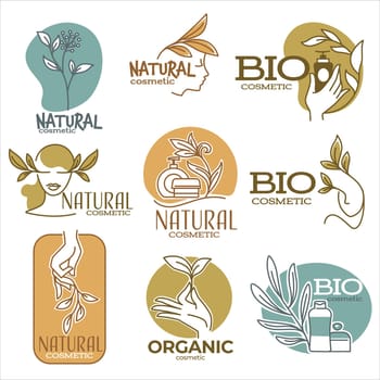 Bio and natural organic products for skin care and hair treatment and repair. Isolated labels with female portrait, tubes with creams and lotions and decorative floral branches. Vector in flat style
