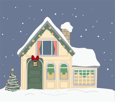 Christmas decoration on building with roof covered with snow. House with bells and garlands, pine tree outside. Celebration of xmas winter holidays and new year. Exterior of home. Vector in flat style