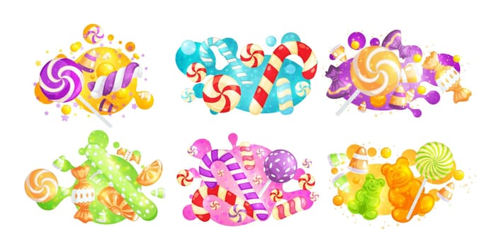 Bright set of elements from caramel candies and jelly candies, vector illustration. An assortment of sweets for an online store. Emblem for New Year's gifts. Gummy bears and candy cane on a color spot